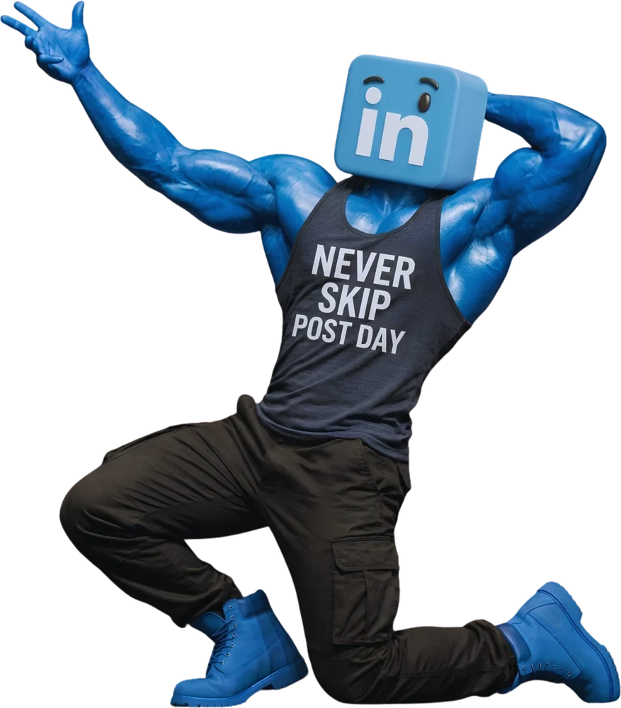 The LinkedIn logo as a bodybuilder in a Never Skip Post Day tank top, flexing